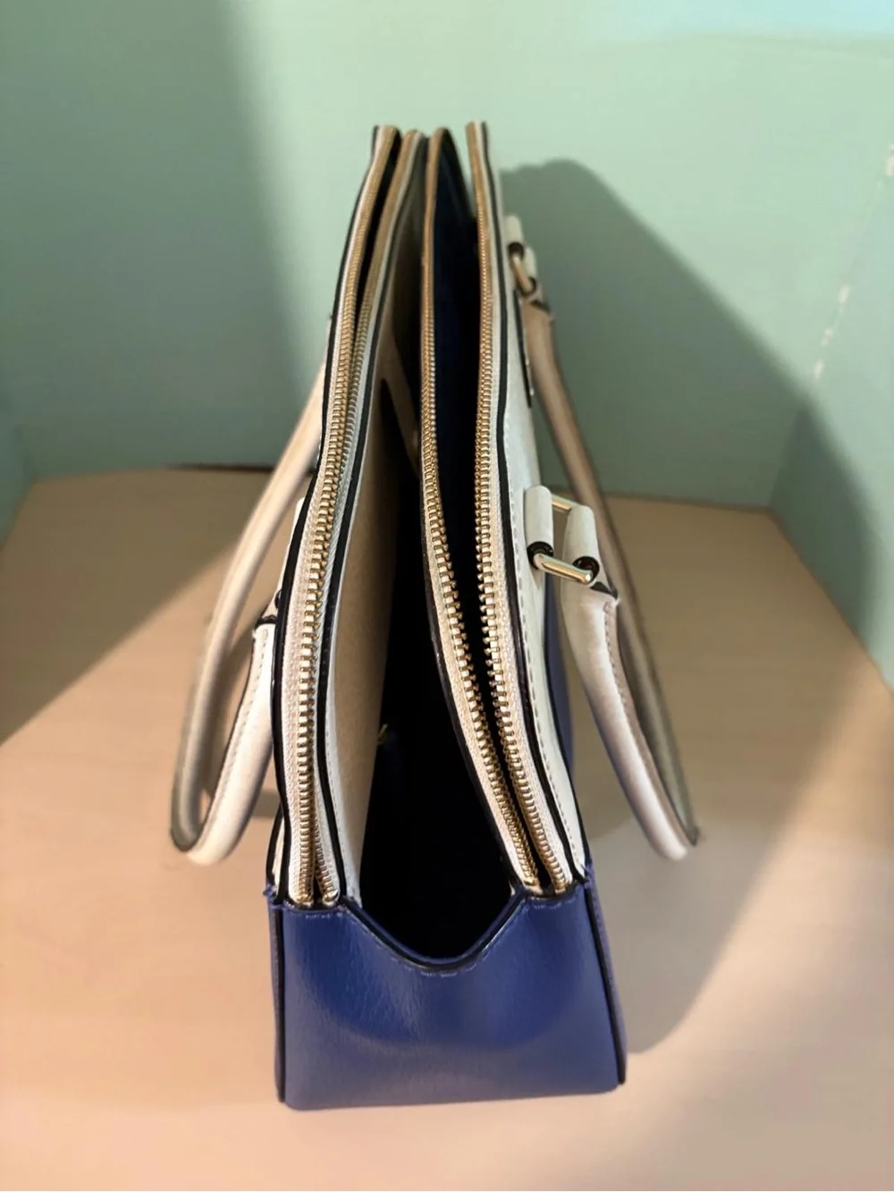 Kate Spade Grove Street Carli Satchel Blue Cream Colorblock Leather Handbag
